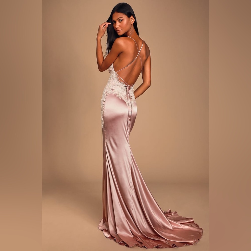 Lulus formal dress with lace and light pink satin.